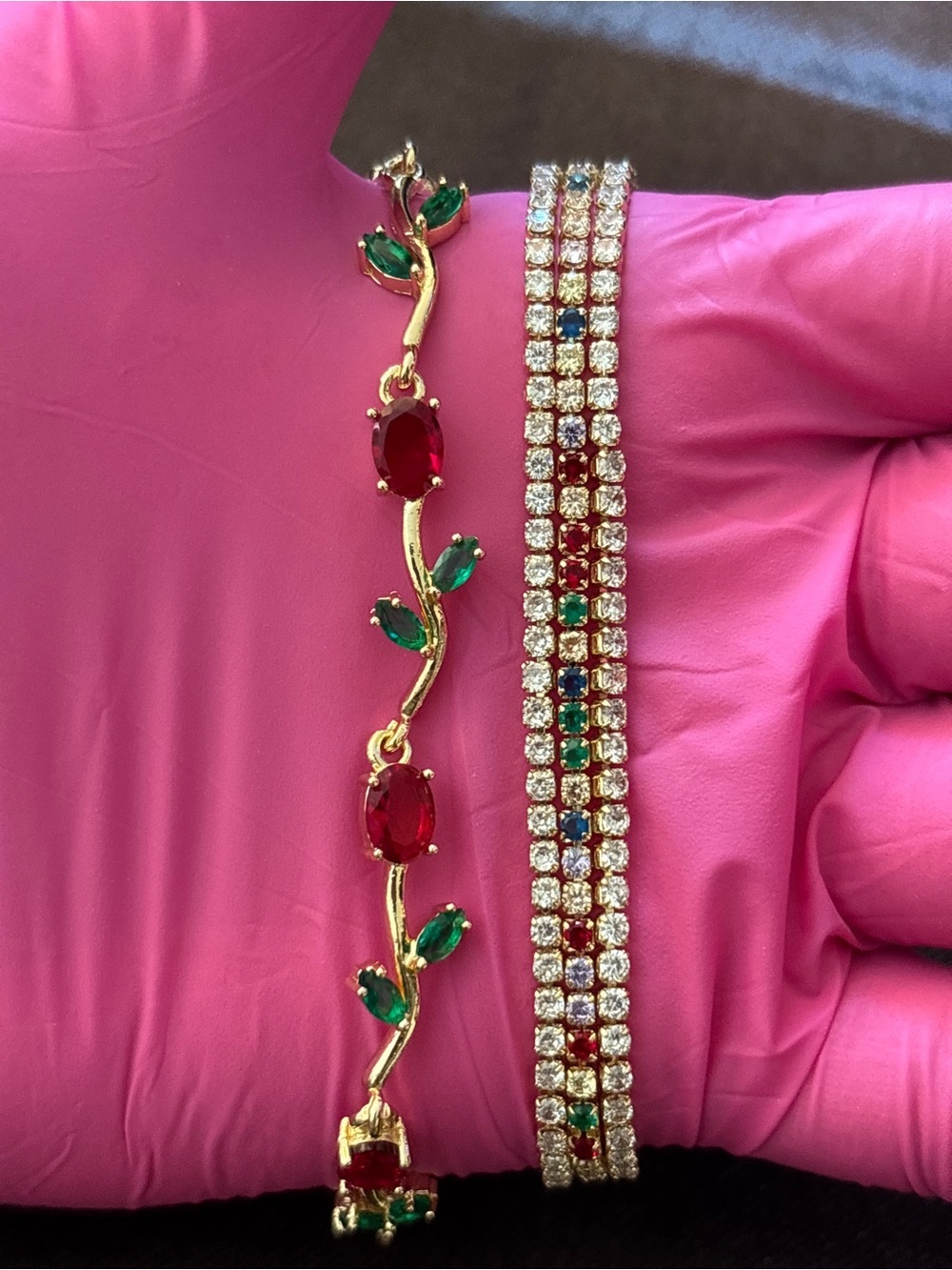 Pretty Bird Yellow Gold Rose & Triple Tennis CZ Bracelets - Picture 5 of 12